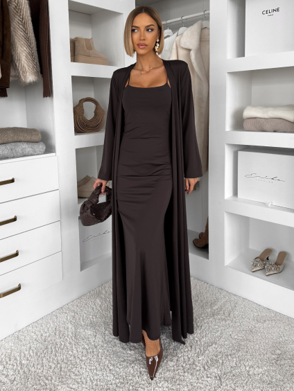 Hnědý elegantní dlouhý komplet set ARIVELLE (Veľkosť ONESIZE)