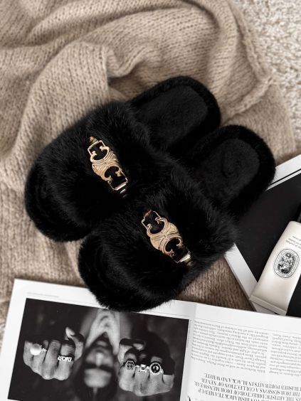 Černé huňaté domácí pantofle SOFTIES (Veľkosť 36-37)