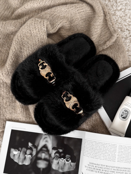 Černé huňaté domácí pantofle SOFTIES (Veľkosť 36-37)