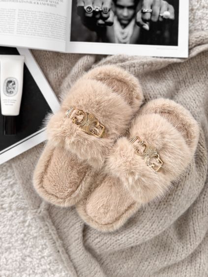 Krémové huňaté domácí pantofle SOFTIES s ozdobou (Veľkosť 36-37)