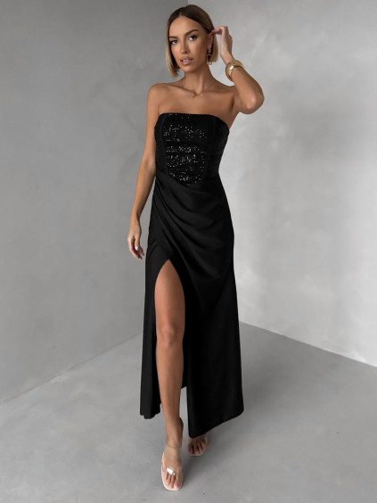 Černé třpytivé společenské dlouhé šaty AVENZA s rozparkem (Veľkosť ONESIZE)