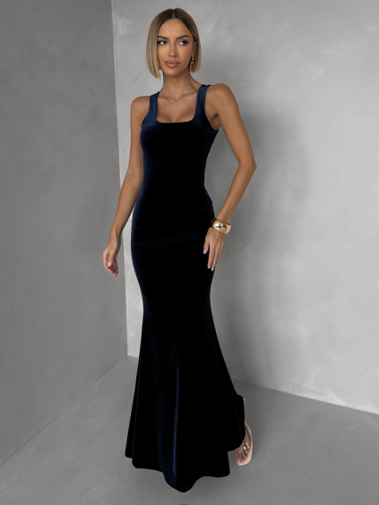 Tmavomodré dlhé zamatové spoločenské šaty UMERY