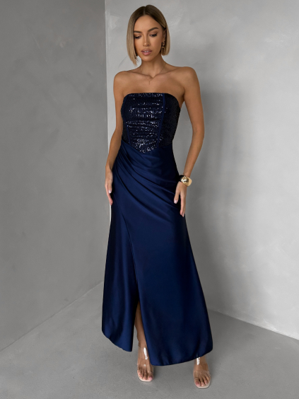 Tmavomodré trblietavé korzetové spoločenské šaty AVENZA s rázporkom