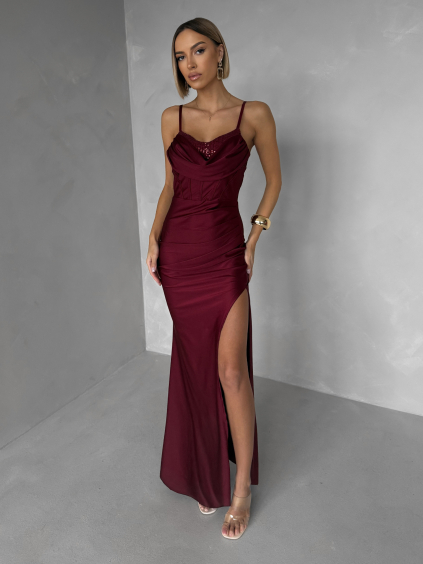 Vínové společenské korzetové dlouhé šaty FAYELA (Veľkosť ONESIZE)