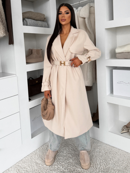 Béžový elegantný dlhý kabát CERADY s opaskom