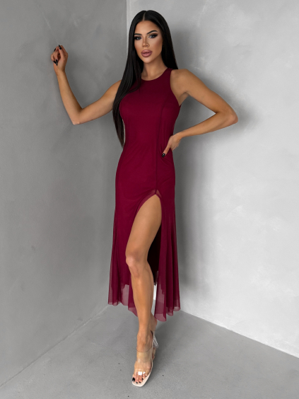 Bordó společenské tylové midi šaty ROCHIE (Veľkosť ONESIZE)