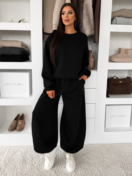 Černé zateplené bavlněné široké tepláky TAVELYS (Veľkosť ONESIZE)