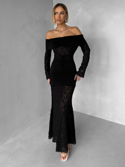 Černé krajkové dlouhé večerní šaty ODELIA s řasením (Veľkosť ONESIZE)