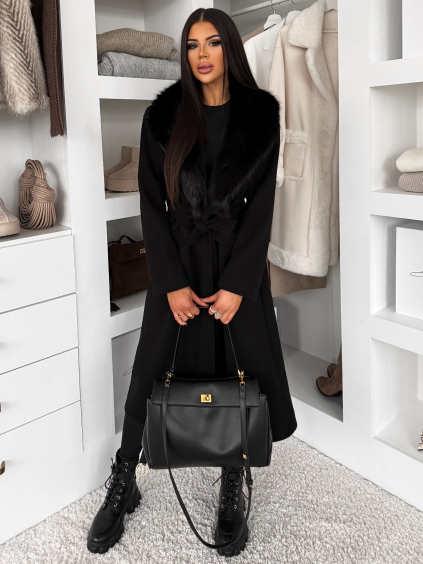 Čierny elegantný dlhý kabát ROSIEL s kožušinkou