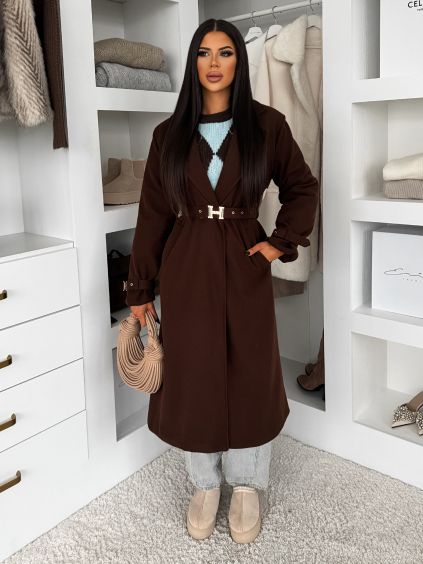 Hnědý elegantní dlouhý kabát CERADY s opaskem (Veľkosť ONESIZE)