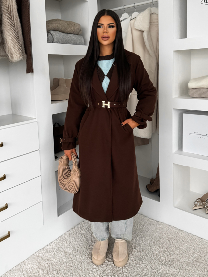 Hnedý elegantný dlhý kabát CERADY s opaskom