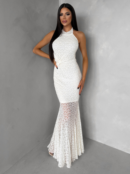 Krémové spoločenské krajkové dlhé šaty KRETONA