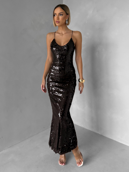 Tmavo hnedé flitrované dlhé plesové šaty SCINTIA