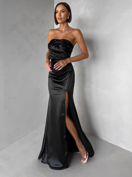 Čierne spoločenské saténové korzetové dlhé šaty ZONTIRE