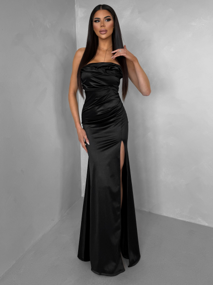 Čierne spoločenské saténové korzetové dlhé šaty ZONTIRE