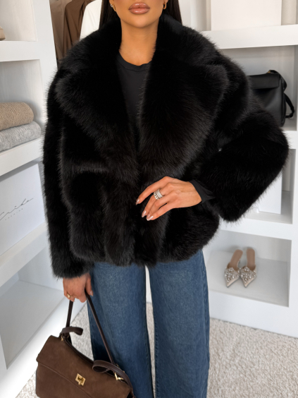 Černý faux fur kožešinový krátký kabátek MORVEN (Veľkosť ONESIZE)