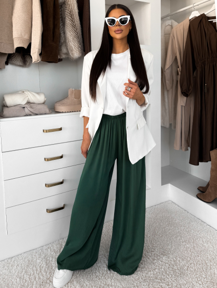 Khaki široké volné dlouhé kalhoty OLVIRA na gumu (Veľkosť Predĺžená dĺžka)