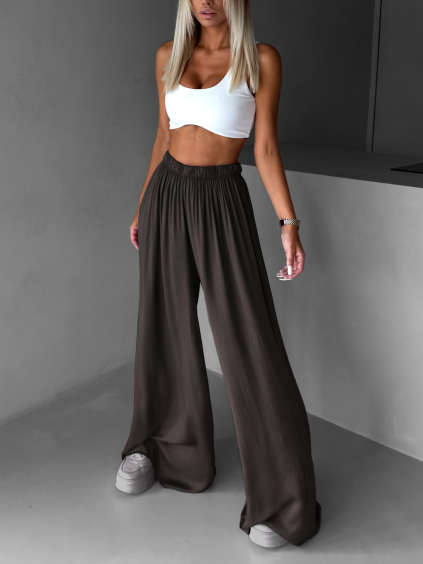 Tmavo hnedé široké voľné dlhé nohavice OLVIRA