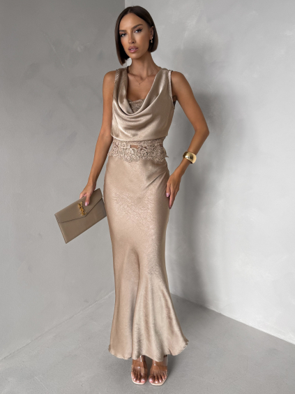 Béžový saténový komplet PRAZON se sukní (Veľkosť M/L)