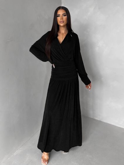 Černé dlouhé elegantní šaty SPIRIT s řasením (Veľkosť M/L)