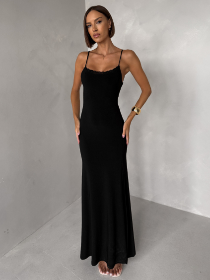 Čierne dlhé spoločenské šaty VORIMA s čipkou