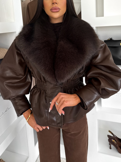 Hnědá koženková vypasovaná bundička GALAXY (Veľkosť ONESIZE)