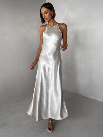 Krémové dlhé jednoduché spoločenské šaty HYDRIS