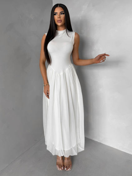 Krémové tvarující šaty JOVARY s tylovou sukní (Veľkosť M/L)