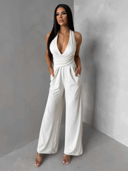 Krémový společenský dlouhý overal ARVELLA s výstřihem (Veľkosť ONESIZE)