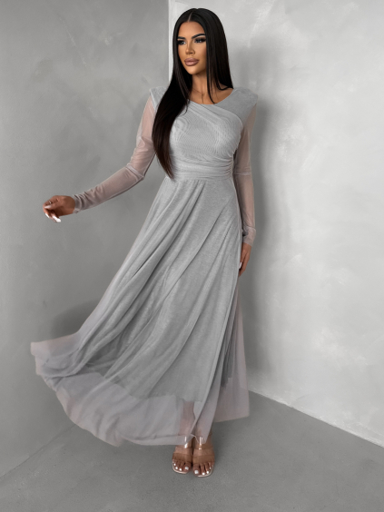Šedé tylové dlouhé společenské šaty ASHER (Veľkosť ONESIZE)