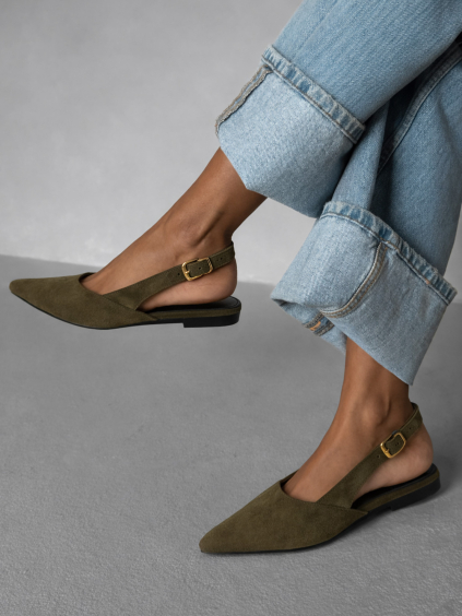 Kaki semišové nazúvacie baleríny GENYRA s odkrytou pätou
