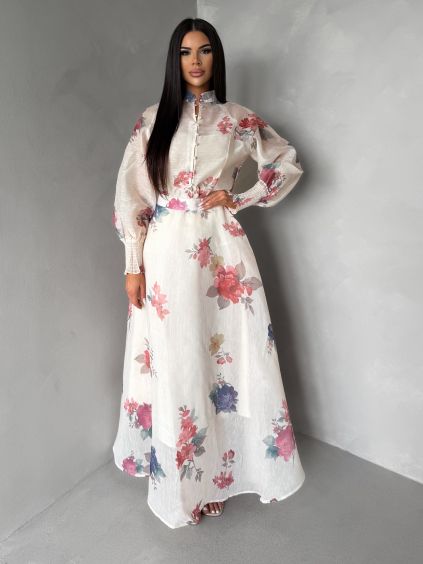 Krémový květinový elegantní komplet FACTOR se sukní (Veľkosť M/L)