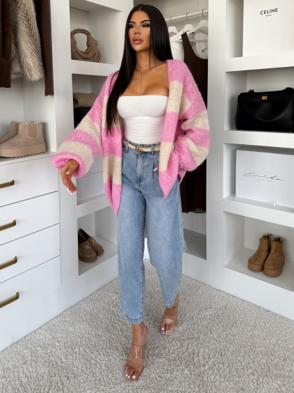Růžový pletený pruhovaný oversize cardigan GRENTO (Veľkosť ONESIZE)
