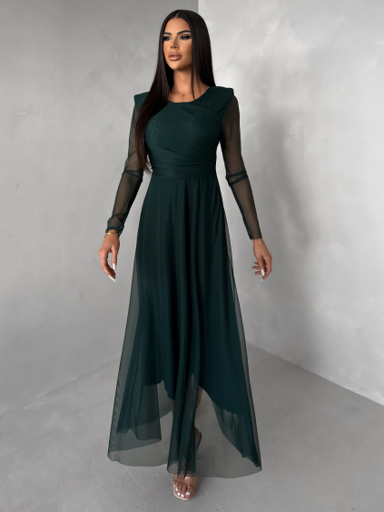 Smaragdové tylové společenské šaty ASHER s dlouhým rukávem (Veľkosť ONESIZE)