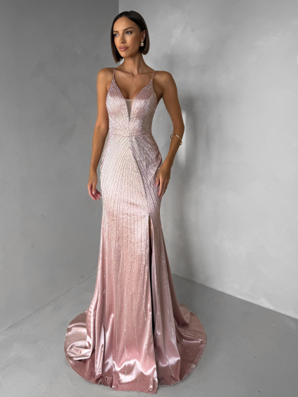 Staroružové luxusné plesové trblietavé šaty RAVELLE s rázporkom