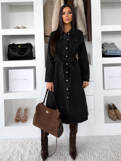 Čierne džínsové midi šaty HERTOZ s dlhým rukávom