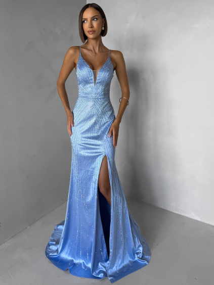 Modré plesové dlhé trblietavé šaty RAVELLE s rázporkom