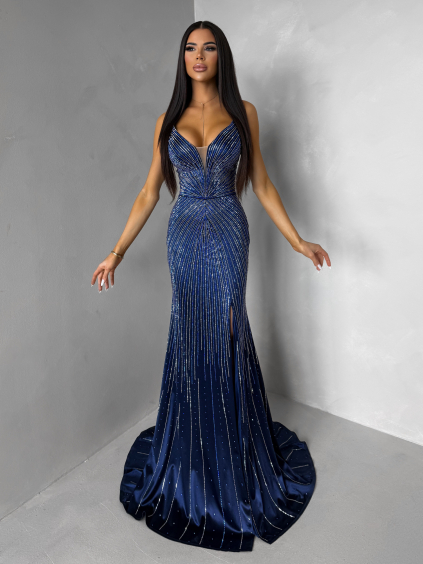 Tmavě modré plesové třpytivé dlouhé šaty RAVELLE s rozparkem (Veľkosť M)