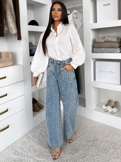 Modré široké štýlové baggy džínsy BEYOND s perličkami