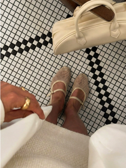 Béžové síťované baleríny SELMIYA s páskem (Veľkosť 36)