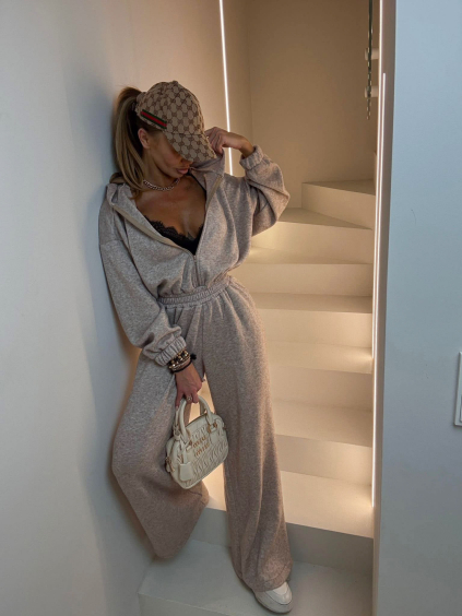 Béžový dlhý luxusný overal SETERIO so širokými nohavicami