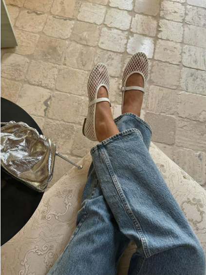 Bílé síťované baleríny SELMIYA s páskem (Veľkosť 36)