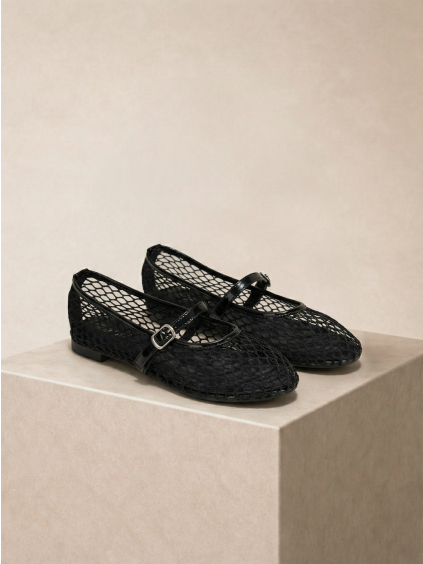 Čierne sieťované baleríny SELMIYA s opaskom