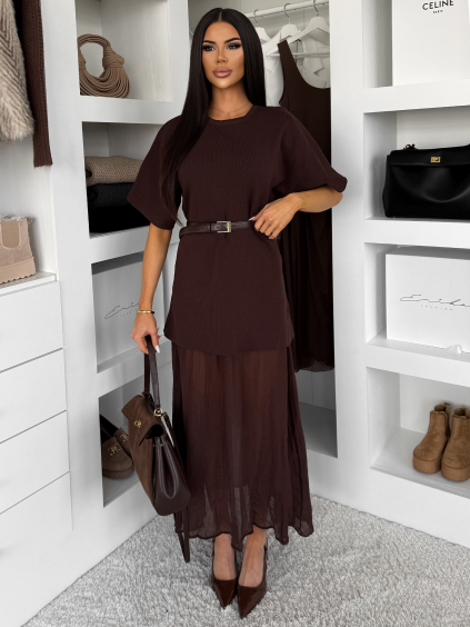 Tmavě hnědé stylové dlouhé šaty LEGACY s krajkou (Veľkosť ONESIZE)