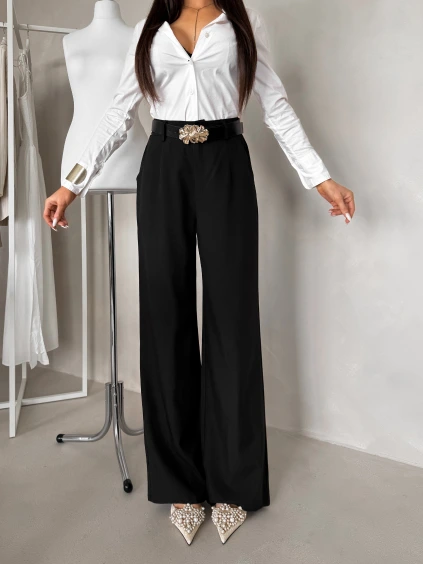 Černé elegantní široké dlouhé kalhoty YOUNG s páskem (Veľkosť L)