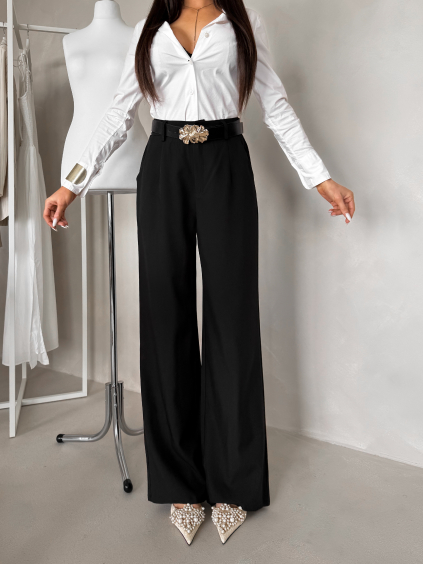 Čierne elegantné široké dlhé nohavice YOUNG s opaskom (Veľkosť L)