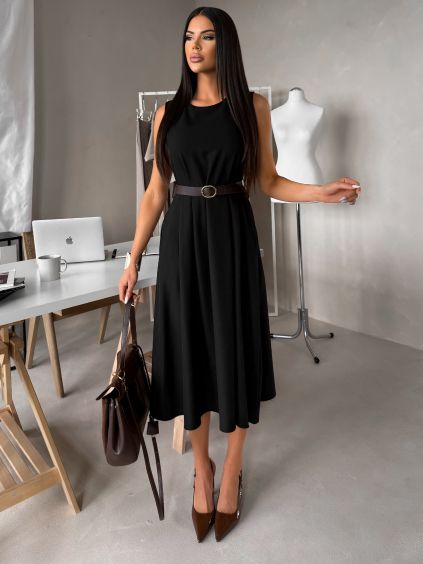Černé midi šaty GERARDYS s páskem (Veľkosť ONESIZE)