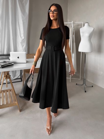 Černé vypasované midi šaty WONDIX s páskem (Veľkosť ONESIZE)