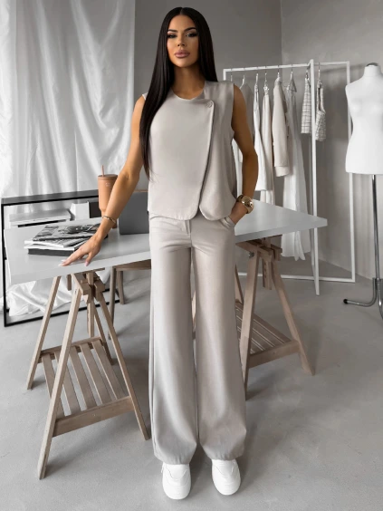 Béžovošedé elegantní široké kalhoty ALMORY (Veľkosť L)