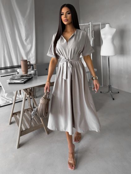 Béžovošedé košilové midi šaty YELONY s páskem (Veľkosť ONESIZE)